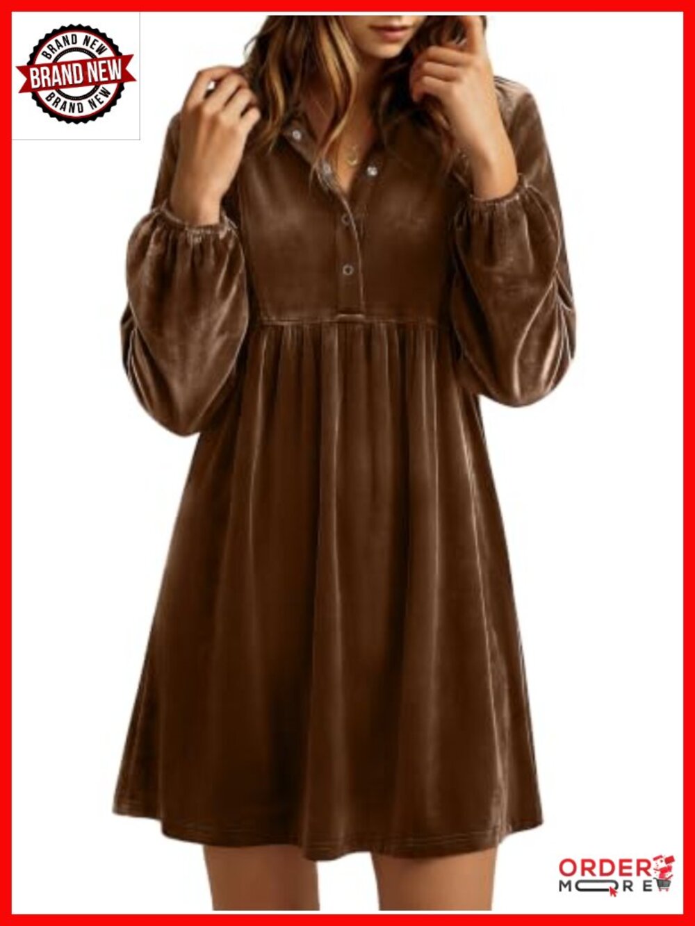 Velvet Babydoll Mini Dress Long Sleeve Button Up with Pockets